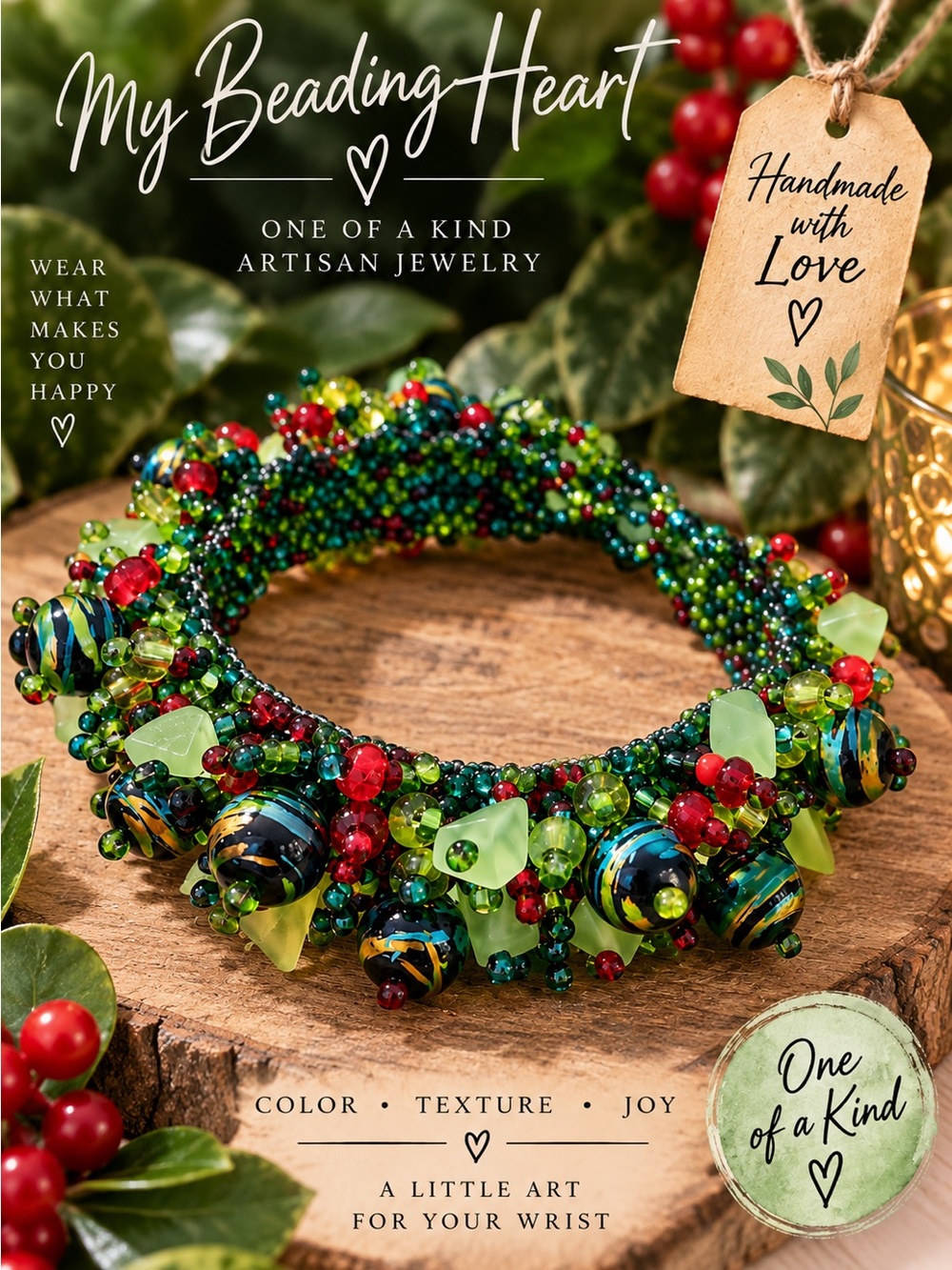Boho Feel Artisan Glass Beaded Statement Bracelet in Green, Red and Blue